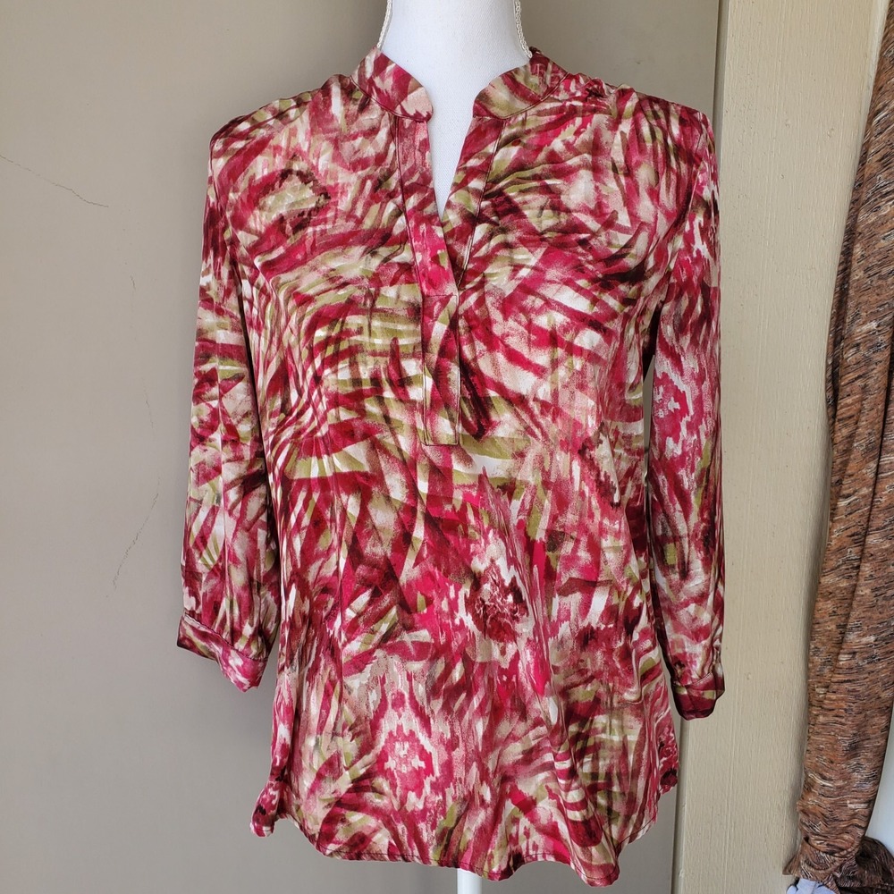 Chicos Top Womens Small Pink Beige Silky Tropical Beachy Vacation Vibe